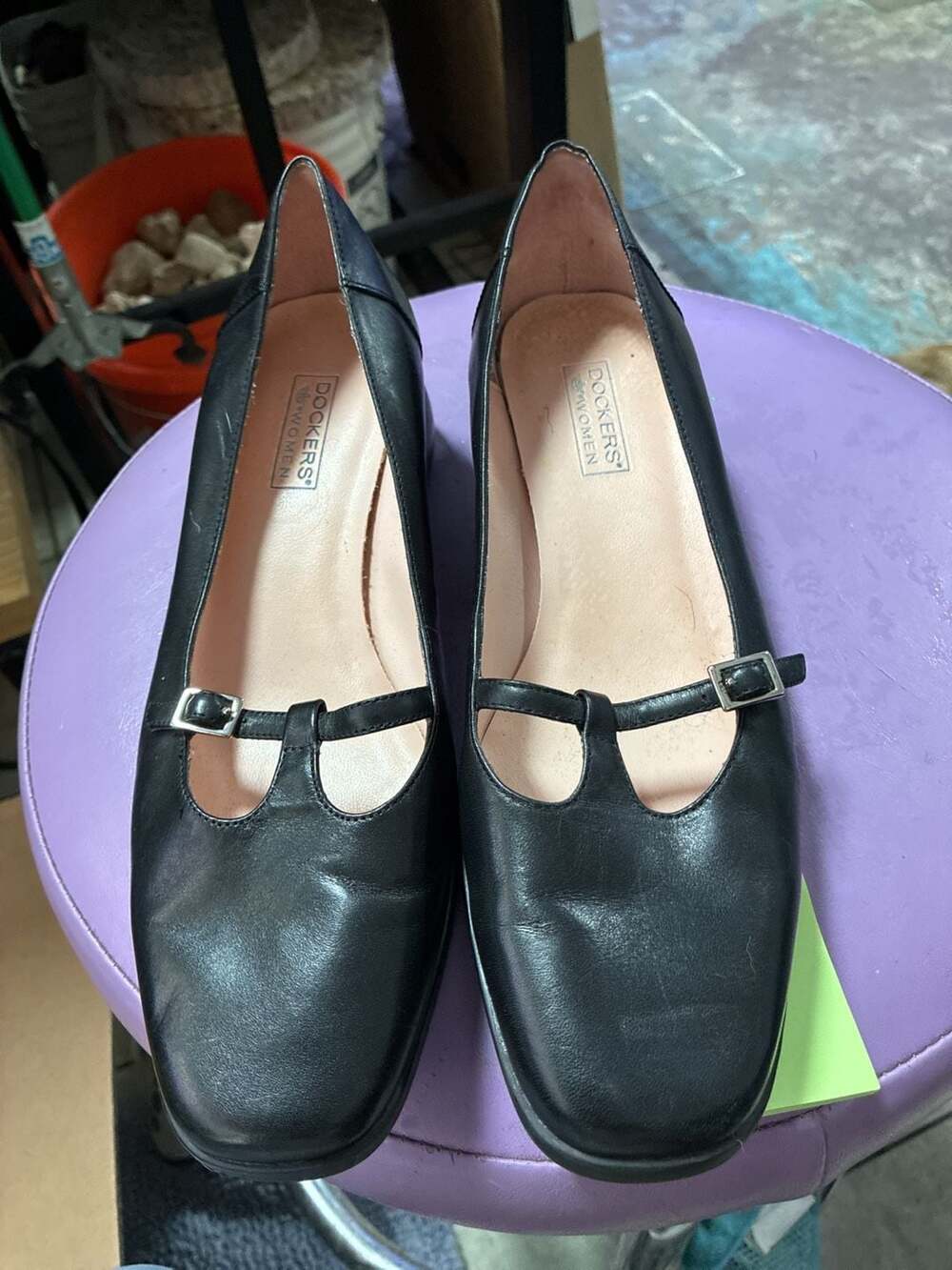 Dockers Women's Black Leather T-Strap Mary Jane Wedge Shoes Size 8M